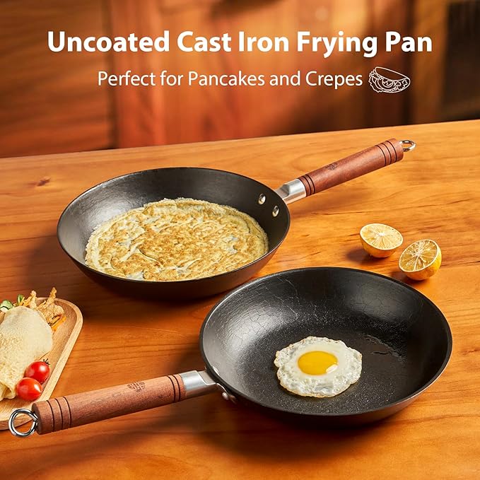 WANGYUANJI 10.2 Inch Cast Iron Skillet & Griddle Pan with Glass Lid, Deep Flat Bottom Frying Pan, Uncoated Small Pan for Eggs, Pancakes & Bacon, for Gas, Electric & Induction Cooktops