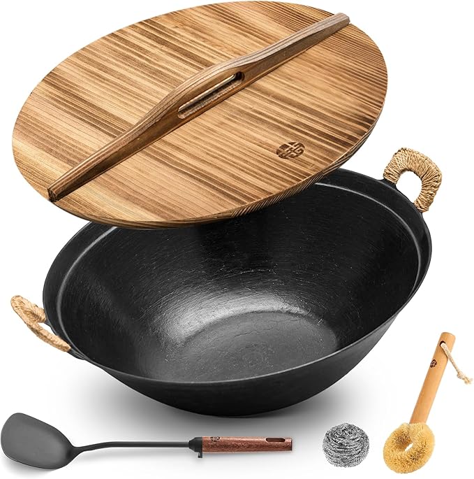 WANGYUANJI 15 Inch Cast Iron Wok with Wooden Lid and Spatula, Large Flat Bottom Double-Handle Chinese Stir Fry Pan, Uncoated for Induction, Gas and Electric Stoves