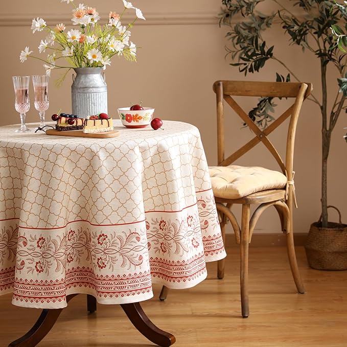 ISAENNE Designer Linen Floral Round Tablecloth,Pale Yellow Elegant Farmhouse Indoor Table Cloth,Durable Decor Tablecloths for Dining Kitchen Thanksgiving Christmas,Diameter 67"-Chamonix A