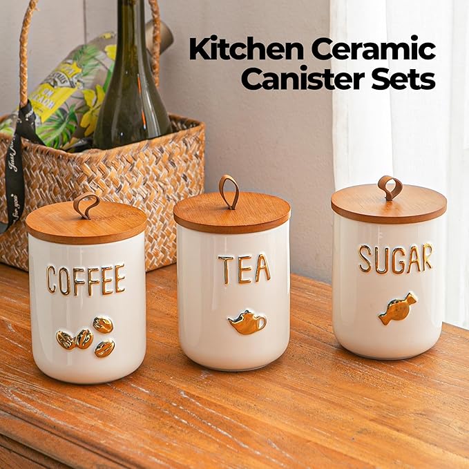 White Ceramic Canister Set for Coffee Tea Sugar, 3-Piece Food Storage Jars with Wood Airtight Lids, Decorative Small Container for Kitchen Pantry Counter - 25oz