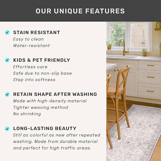 Floral 3x8 Wide Hallway Runner - Light Gray with Taupe Accent, Boho Eclectic Decor, Washable Low Pile Non Slip Stain Resistant Rug for Long Kitchen, Large Bathroom, Hall Way