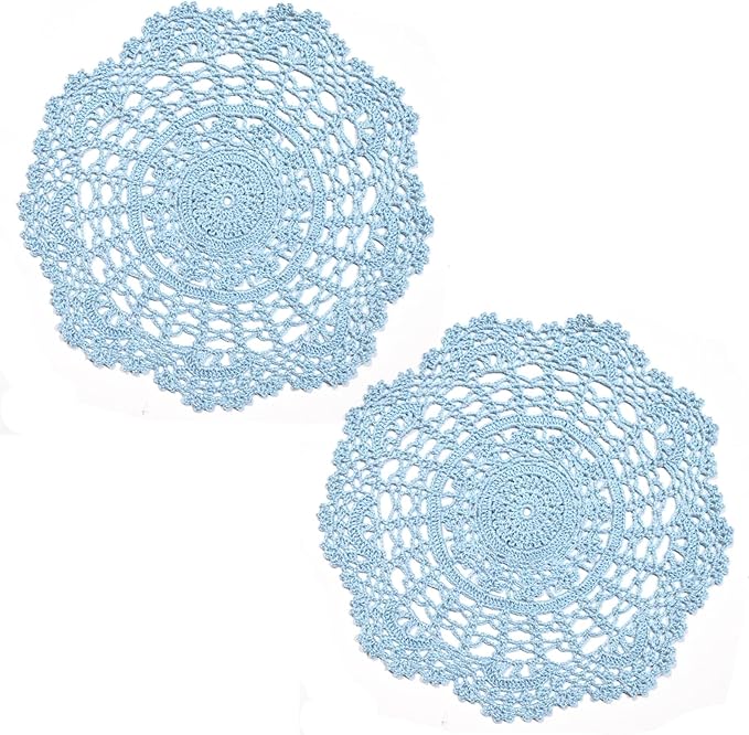 BIBITIME 2PCS Lace Table Doilies Kitchen Placemats Round Handmade Crochet Flower Cup Mug Mat Doily (Light Blue, 13 inches to 14 inches,2PCS)