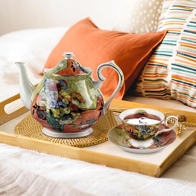 Teapot 30 oz Vangogh Paintings Bone China Loose Tea Pot Floral Design Vintage Ceramic Coffee Water Pot European Style Porcelain (Flower Vase)
