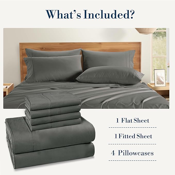 Casa Platino Queen Sized Sheets – 6 Piece Queen Size Sheets Set, Soft & Breathable, with 15 Inch Deep Pocket Fitted Sheet, Cozy Cooling Sheets, Perfect for Daily Use & Machine Washable – Dark Grey