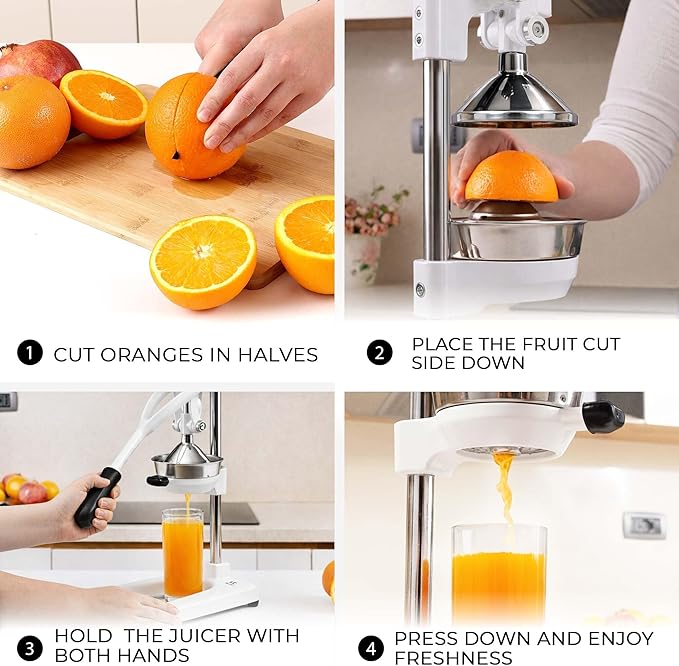 Zulay Kitchen Pulverizer 9 in 1 Cast Iron Juicer - Easy-to-Clean Heavy-Duty Manual Juicer with Presser Attachment to Juice All Types of Fruits! Extra Tall with Stainless Steel Bowl - White
