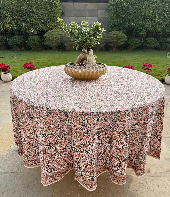 Ridhi Block Print Round Dark Royal Blue Reusable Tablecloth 100% Cotton 120" Inch Decorative Table Cover eveyday Dining, Home, Party, Wedding, Farmhouse Gift for Spring, Easter, Valentine