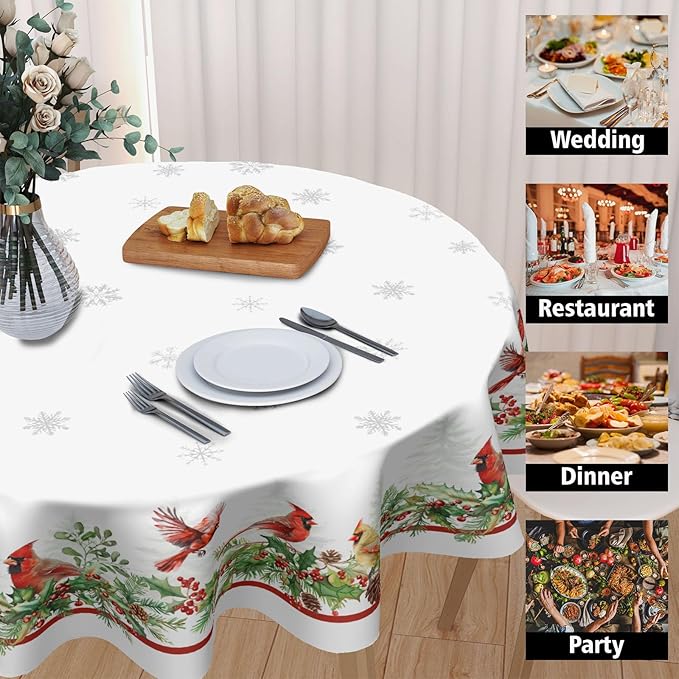 Christmas Round Tablecloth 60 Inch Winter Holiday Red Bird Holly Leaf Circle Table Cloth Xmas Snowflake Theme Table Cover for Kitchen Dinner Home Decor