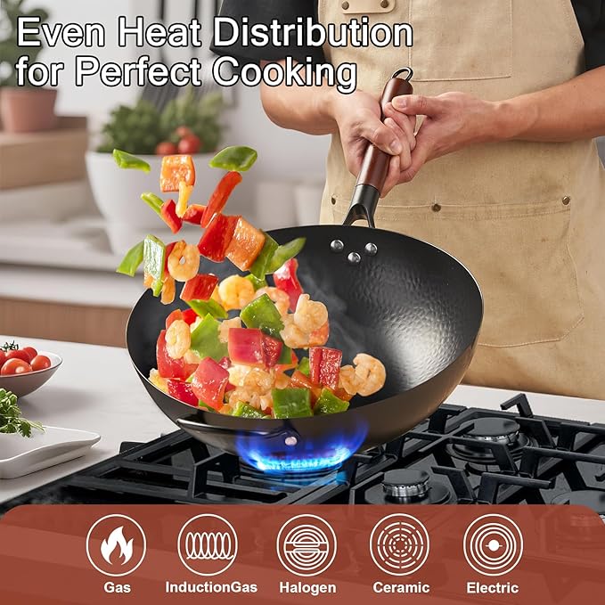 WANGYUANJI Carbon Steel Wok with Lid, 13.4" Hand Hammered Stir Fry Pan with Detachable Wooden Handle, Flat Bottom Wok Pan for Electric, Induction & Gas Stoves, No Coating (Black)