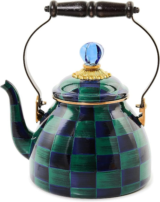 MACKENZIE-CHILDS Enamel Tea Kettle, Cute Tea Kettle for Stovetop, 2 Quarts, Dark Green-and-Blue Juniper Check