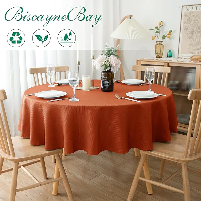 Biscaynebay Fall Tablecloth Textured Fabric Round Table Cloth 60" for Tables diameters from 28" to 48", Rust Thanksgiving Autumn Harvest Water Resistant Fabric Table Cover for Kitchen, Dining, Parties