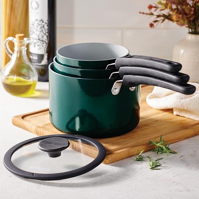 Tramontina Ceramic Non Stick 6-Piece Nesting Sauce Pan Set with Lids - Stackable Nonstick Cookware Set, Dishwasher and Oven Safe, Teal
