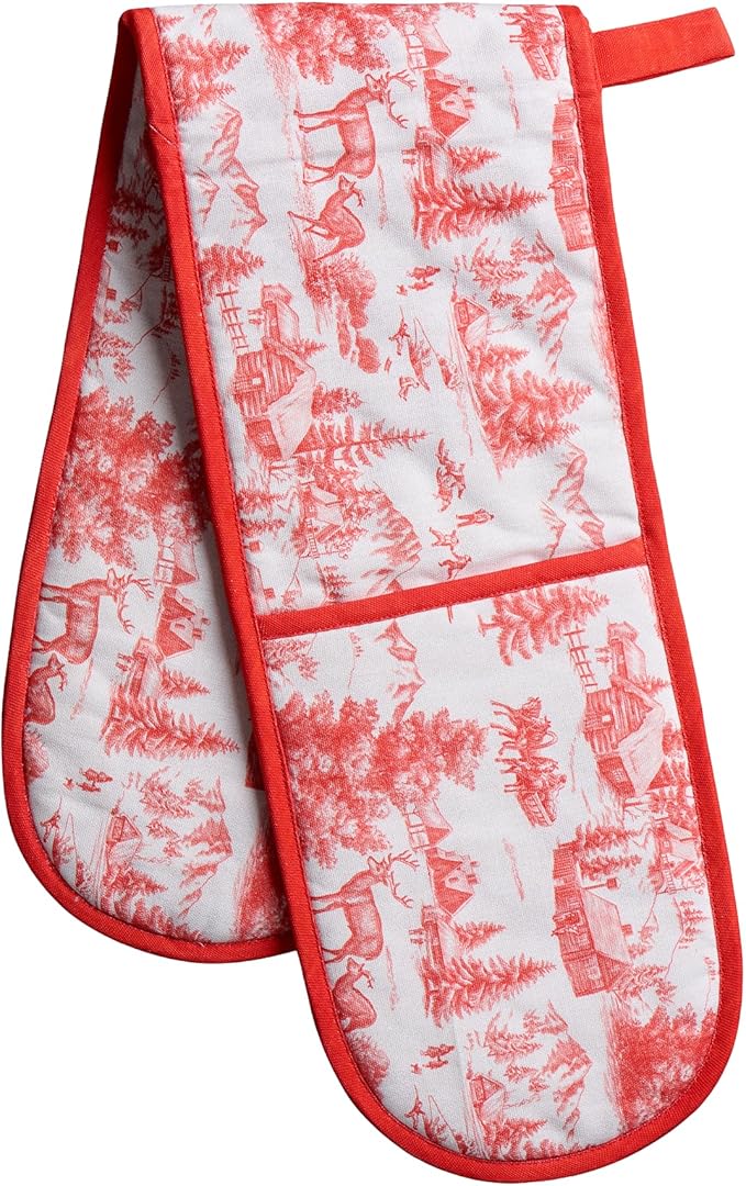 Maison d' Hermine Double Oven Mitt (7" x 35") 100% Cotton Heat Resistant BBQ Cooking Gloves with Loop for Thanksgiving Christmas Decorations Baking Cooking Barbeque Handling Hot Pan (Winter Jouy)