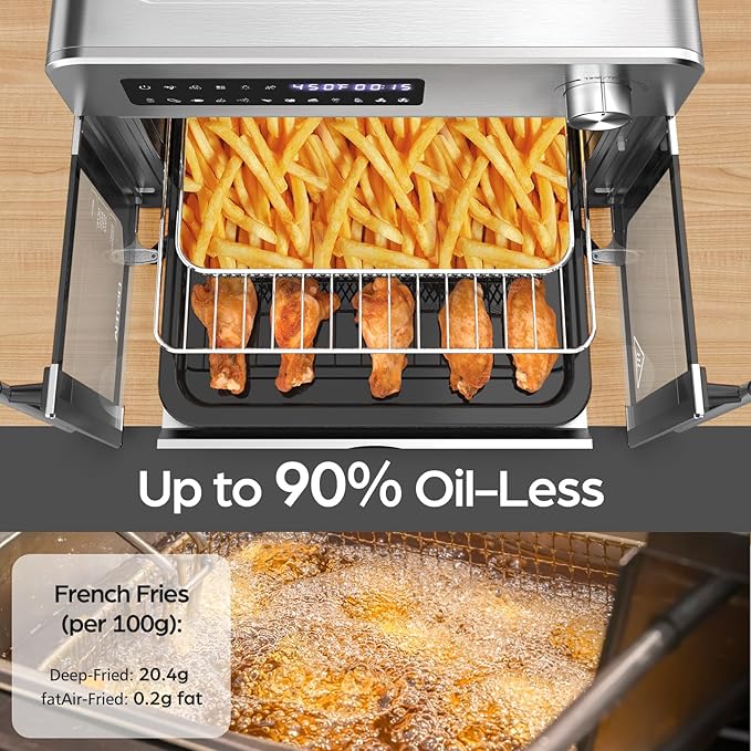 OSTBA French Door Air Fryer Toaster Oven Combo, 102 Recipes & 7 Accessories Extra Large Airfryer Convection Oven Countertop 10-in-1, 30% Faster 90% Less Oil, Stainless Steel