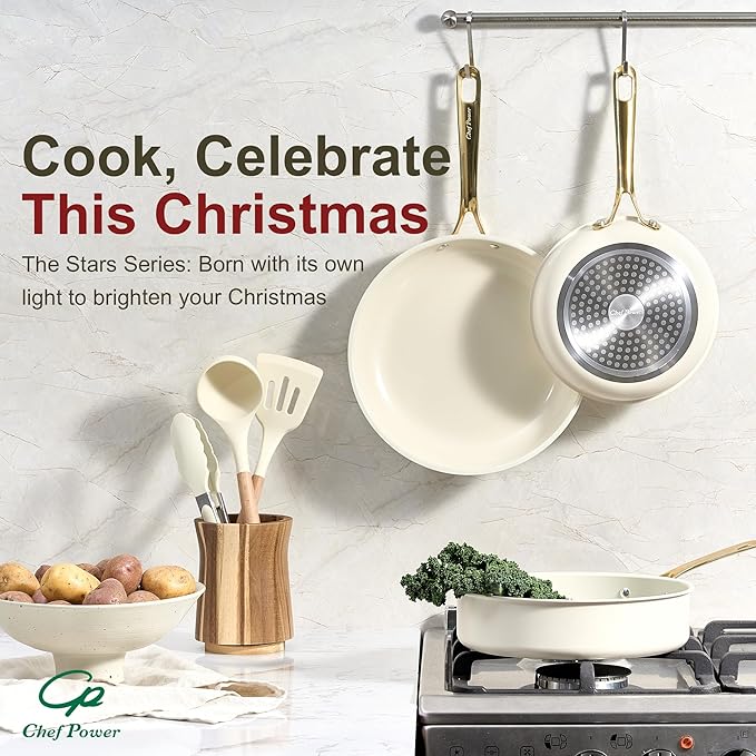 Chef Power Ceramic Frying Pan with Stainless Steel handle 5Pcs Set, Non Stick Grill Pan Set, Dishwasher and Oven Safe, Cream White and Light Gold Handle