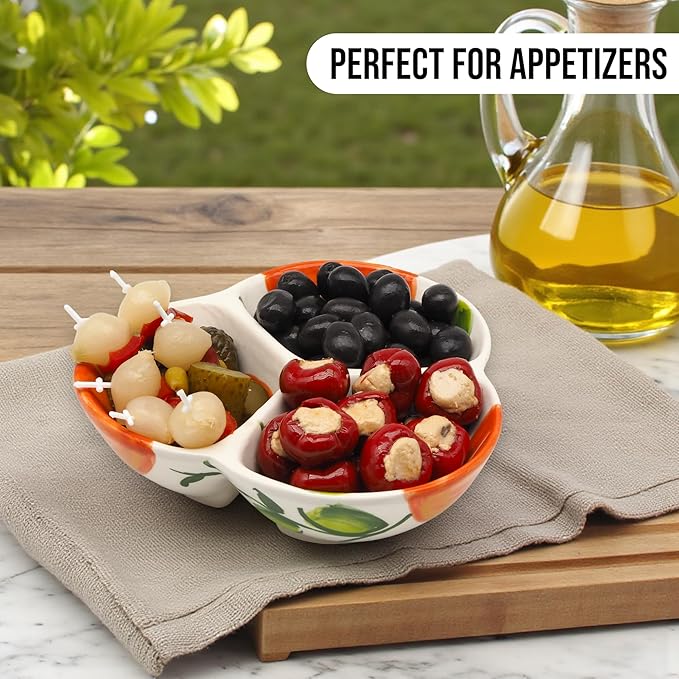 Ceramic Chip & Dip Bowl 7.5”, 3-Compartment Divided Serving Dish & Condiment Tray for Appetizers – Handmade in Spain, Lead-Free Glaze, Microwave, Oven & Dishwasher Safe