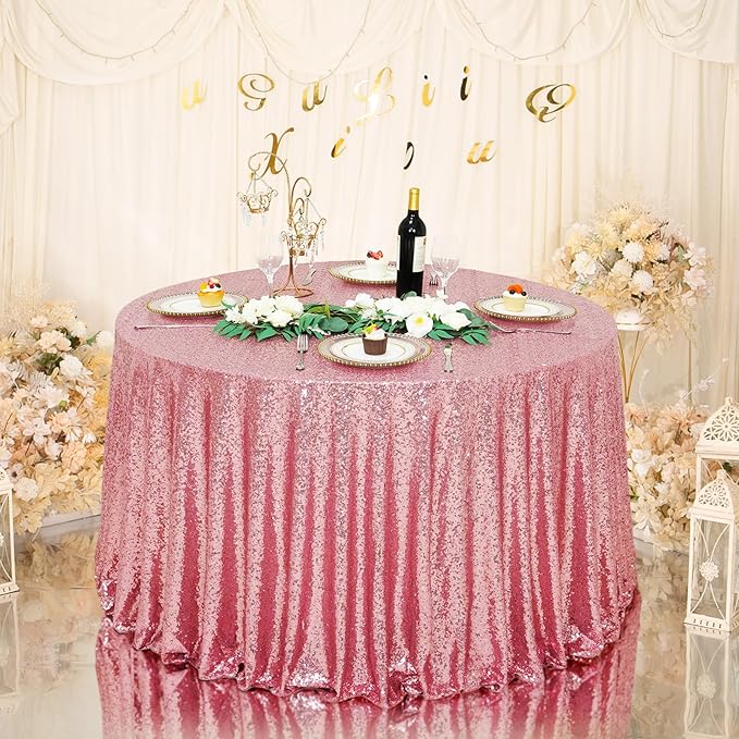 Eternal Beauty Fuchsia Pink Tablecloth, 120 Inch Round Sequin Tablecloth for Valentines Party Cake Dessert Table Exhibition Events