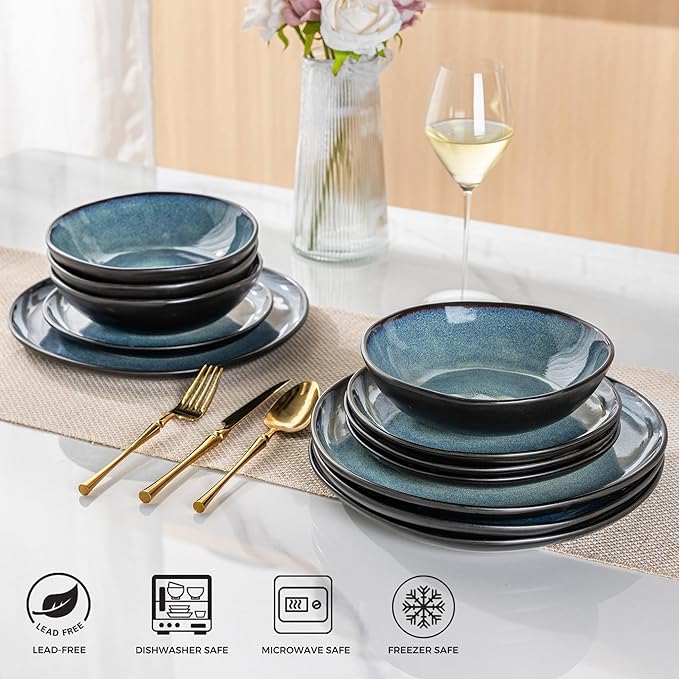 AmorArc Ceramic Dinnerware Sets,Handmade Reactive Glaze Stoneware Plates and Bowls Set,Highly Chip and Crack Resistant | Dishwasher & Microwave Safe Dishes Set,Service for 6 (18pc)