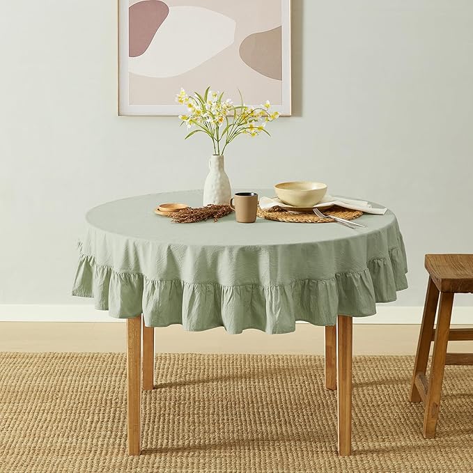MONDAY MOOSE Ruffle Farmhouse Rustic Round Natural Stonewashed Cotton Tablecloth for Kitchen, Dining Room, Restaurant (60" Round, Sage Green)
