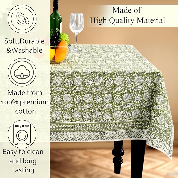 CPC Olive Bloom Tablecloth 100% Cotton 60x60 Inch Indian Block Print Rectangle Table Cover, Table Cloth for Gifting in Weddings, Halloween, Fall, Christmas, Thanksgiving