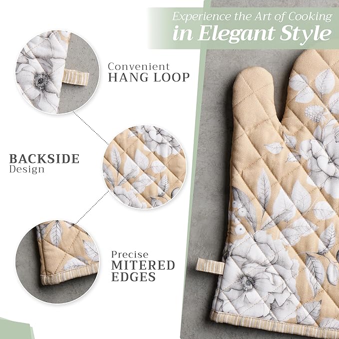 Maison d' Hermine 100% Cotton Oven Mitt & Pot Holder Set (7.5"x13" & 8"x8") Heat Resistant BBQ Cooking Gloves with Loop for Thanksgiving Christmas Decorations Handling Hot Pans (Pretty Autumn)