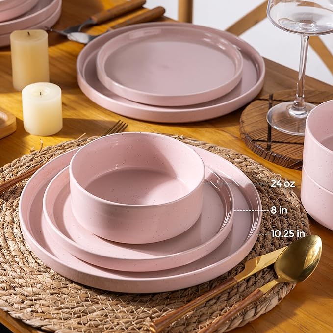 AmorArc Ceramic Dinnerware Set for 6 | Speckled Stoneware Plates and Bowls with Rustic Terracotta Underside| Scratch Resistant,Dishwasher & Microwave Safe Dishes Sets- 18pcs Pink