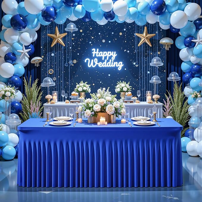 6 Packs Royal Blue Tableclothes for 8 Foot Rectangle Table, Wrinkle Free Spandex Tablecovers 8FT Stretch Fitted Table Cloth with Skirt for Birthday Parties Graduations Event Wedding Banquet