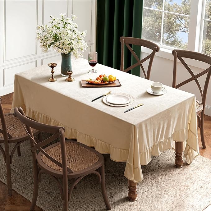 MIULEE Beige Velvet Table Cloth with Decorative Ruffle Edge Luxurious Soft Spring Washable Rectangular Tablecloth Thick Wrinkle-Resistant Oblong Table Cover for Kitchen Dining Wedding 60x120 Inch