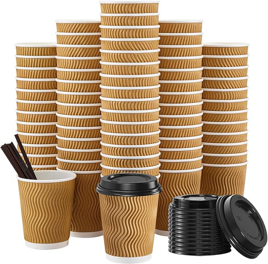 SIUQ 90 Pack - 8 oz Disposable Coffee Cups with Lids and Straws,To go Coffee Cups,Insulated Corrugated Paper Cups,Kraft Ripple Wall Cups for Hot Beverage or Cold Drinks -Champagne