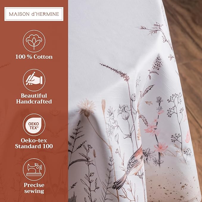 Maison d' Hermine Table Cloth Round Table 100% Cotton 63 Round Inches Tablecloth Reusable Decorative for Dining Room Farmhouse Home Valentines Day Decorations Spring Summer - Meadow Florals - Brown