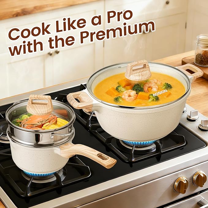 AOSION 27PCS Pots and Pans Set, Nonstick Ceramic Cookware Set, Healthy Kitchen Cooking Set with Gloves, Apron, Silicone Tools & Pot Protectors, Oven & Dishwasher Safe, PFOA/PFOS Free，Ivory