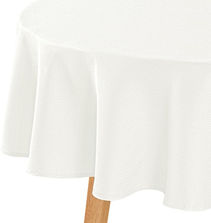 Hiasan Round Textured Tablecloth 50 Inch - Waterproof Spillproof Antiwrinkle Jacquard Table Cloth, Decorative Polyester Table Cover for Kitchen, Outdoor Picnic, Holiday and Parties, Ivory