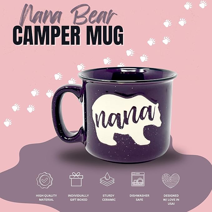 Brooke & Jess Designs Nana Bear Cute Coffee Mug - Grandma Gifts, Mother's Day, Christmas, Birthday (Plum)