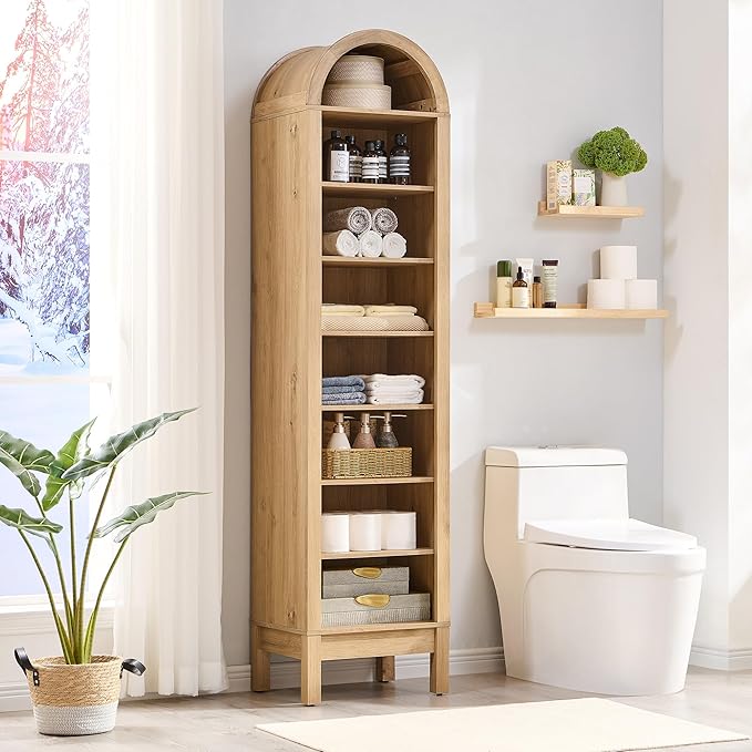 71" Tall Arched Bookshelf, 8 Tiers Arch Bookcase with Storage, Modern Farmhouse Book Shelf with Adjustable Shelves, Wood Bookshelf w/Open Display Shelves for Living Room, Office (Natural)