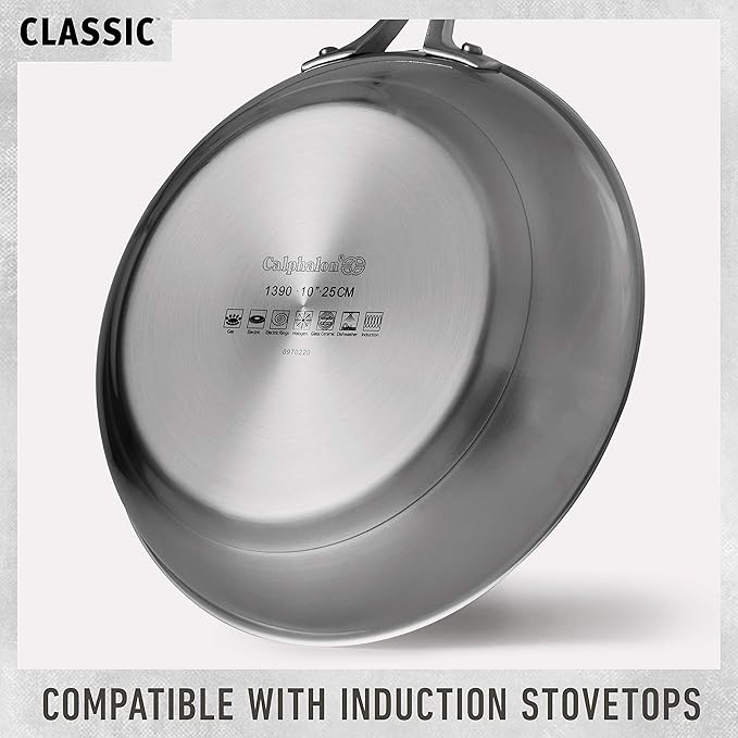 Calphalon Classic Stainless Steel Cookware Set, 10-Piece, Impact-Bonded Aluminum Base, Stay-Cool Handles, Oven Safe 450F, Silver
