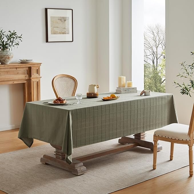 ZeeMart Linen Checked Table Cloth, Farmhouse Style Plaid Embroidered Green Tablecloth, Water Resistant Square Table Cloth, Olive 52x52 Inches