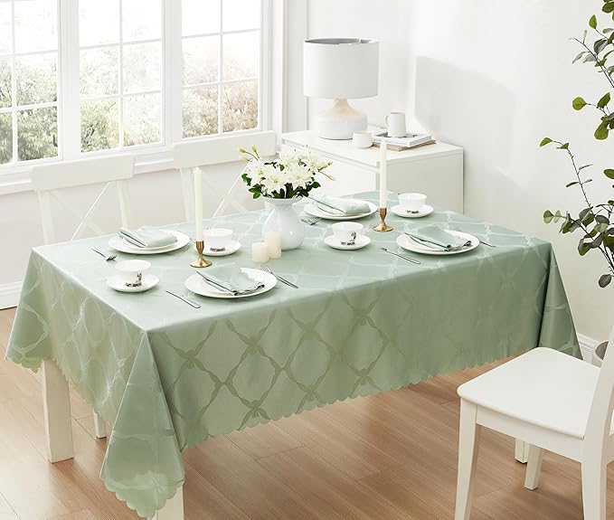 Newbridge Ribbons and Bows Damask Spring & Easter Holiday Fabric Tablecloth, Sage Green, 60 x 102 Inch Rectangle, Wrinkle & Stain Resistant Table Cover