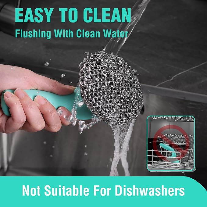 HAUSHOF Cast Iron Scrubber with Long Handle, Chainmail Scrubber Cast Iron Cleaner for Pan, Kitchen Cleaning Kit for Grill, Dutch, Oven