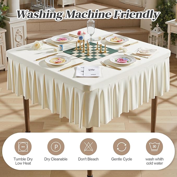 Wish Care Ivory Spandex Tablecloths for 48x48 Inch Square Tables, Stretch Fitted Table Clothes with Pleated Ruffle Skirt for 48” Table, Wrinkle Free and Elastic, for Party Kitchen Home Dining