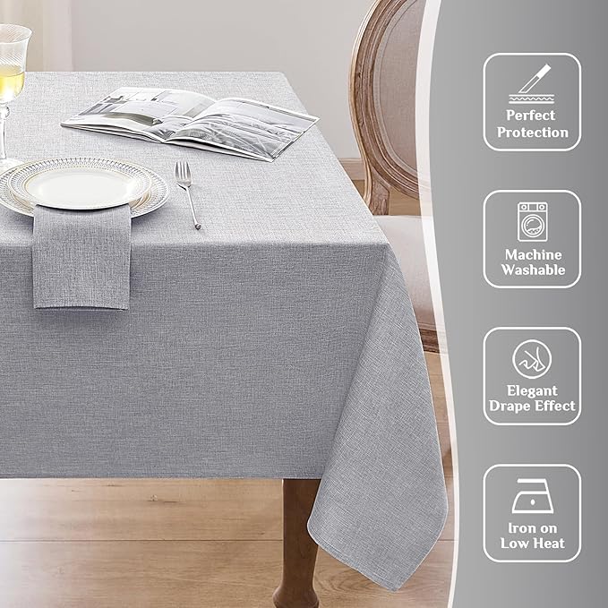 Softalker Extra Long Table Cloth Grey 60 x 144 inch Rectangular Faux Linen Tablecloth Outdoor Waterproof Stain and Wrinkle Resistant Table Cover for Spring Party Picnic Camping Decor Vintage Tabletop