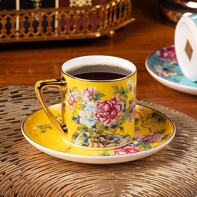 KAMMAK Tea Cups and Saucers Set of 2, Porcelain Coffee Cup with Saucer for Espresso, Cappuccino, 7.5oz Vintage Yellow and Blue Floral Ceramic Novelty Mug for Home, Tea Party, Office