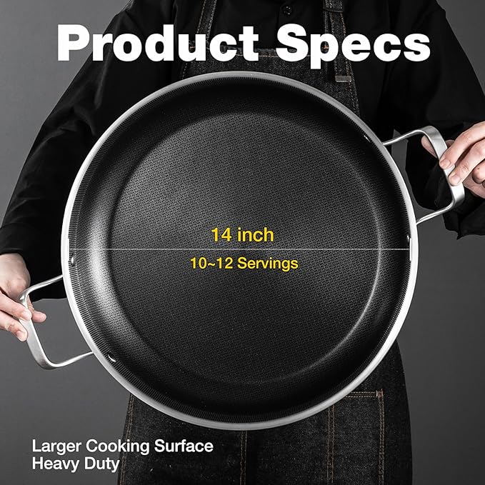 Paella Pan with Lid - 14.5" Honeycomb Tri-Ply 18/10 Nonstick Paella Pan, 12-Serving Deep Design, Oven/Dishwasher Safe 550°F, Universal Stainless Steel Skillet