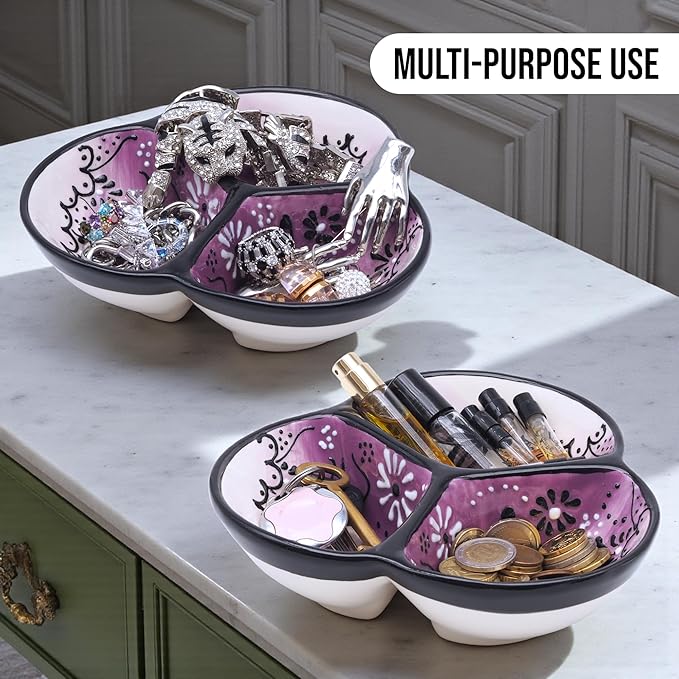 Ceramic Chip & Dip Bowl 7.5”, 3-Compartment Divided Serving Dish & Condiment Tray for Appetizers – Handmade in Spain, Lead-Free Glaze, Microwave, Oven & Dishwasher Safe
