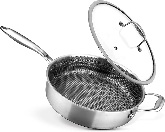 3.4QT Stainless Steel Jumbo Cooker - Triply Kitchenware Jumbo Cooker with Glass Lid - DAKIN Etching Non-Stick Coating, Scratch-resistant Raised-up Honeycomb Fire Textured Pattern - NutriChef NC3PSAUC