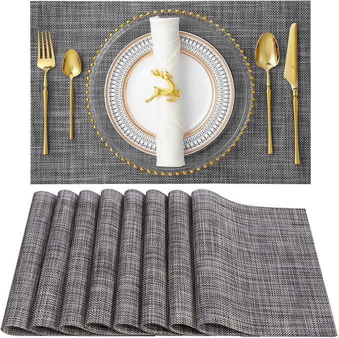 Placemats Set of 8 Heat- PVC Woven Stain Anti-Skid Table Mats Washable for Kitchen Table(Gray)