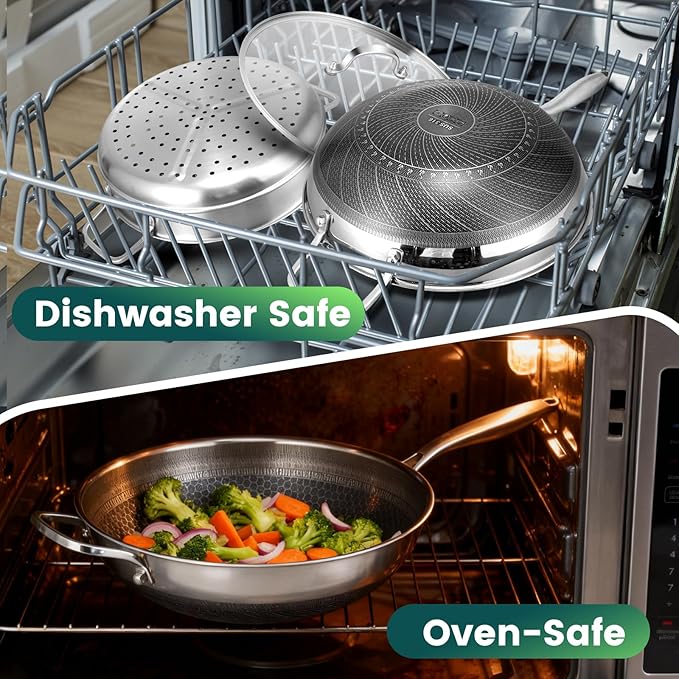 AOSION Hybrid 13 inch Stainless Steel Wok with Steamer, PFOA Free Cookware, Nonstick Wok Pan & Stir-Fry Pans with Lid and Draining Mat, Works on Induction, Dishwasher & Oven Safe