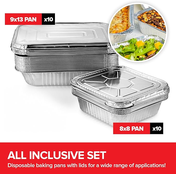 Disposable Foil Pans with Lids (Set of 20) Heavy Duty Aluminum Pans with Lids 9x13 (x10), 8x8 (x10) Baking Tins with Covers for Cooking, Heating, Storing, Food Prep, Holiday Dinner Meals