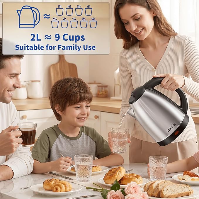 DEZIN Electric Kettle Upgraded, BPA Free 2L Stainless Steel Tea Kettle, Fast Boil Water Warmer with Auto Shut Off and Boil Dry Protection Tech for Coffee, Tea, Beverages