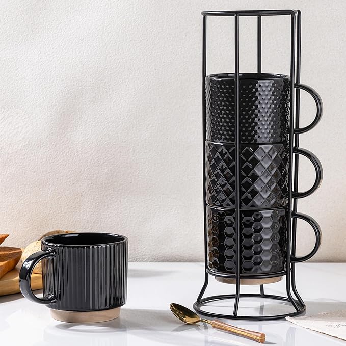 GBhome 12OZ Stackable Coffee Mugs with Stand, Ceramic Coffee Mugs with Texture Patterns for Man,Woman,Dad,Mom, Modern Coffee Cups Set of 4 for Latte/Cappuccino/Cocoa. Dishwasher&Microwave Safe,Black
