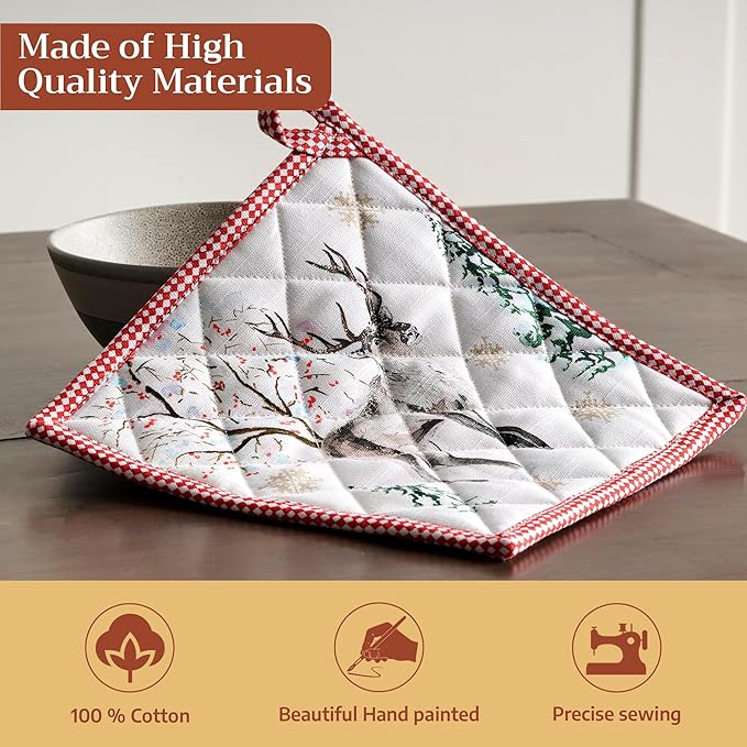 Maison d' Hermine Pot Holders Set 100% Cotton Heat Resistant Potholders 8" x 8" Hot Pads with Loop for Thanksgiving Christmas Decorations BBQ Baking Handling Hot Pans (Pack of 2, Rural Christmas)