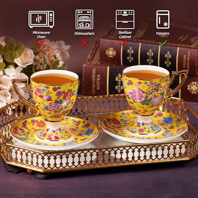 KAMMAK Tea Cups and Saucers Set of 2, Porcelain Coffee Cups with Saucer for Espresso, Cappuccino, 7oz Vintage Yellow Floral Ceramic Novelty Mug for Home, Tea Party, Office